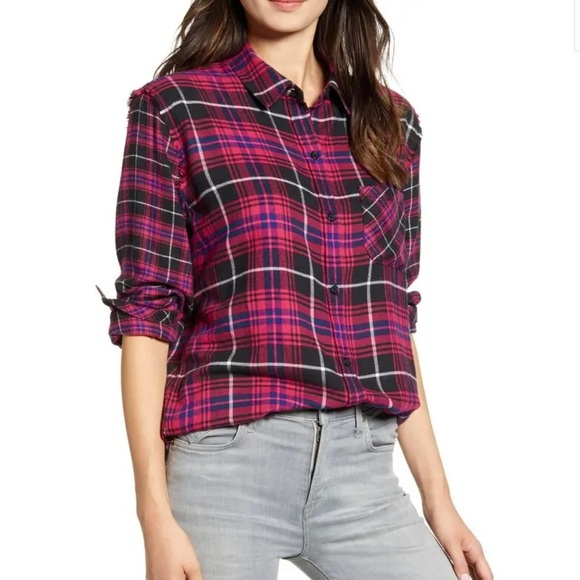 RAILS Brock Plaid Button Up Twill Shirt NEW Size M Fuschia Pink Black - Picture 1 of 16